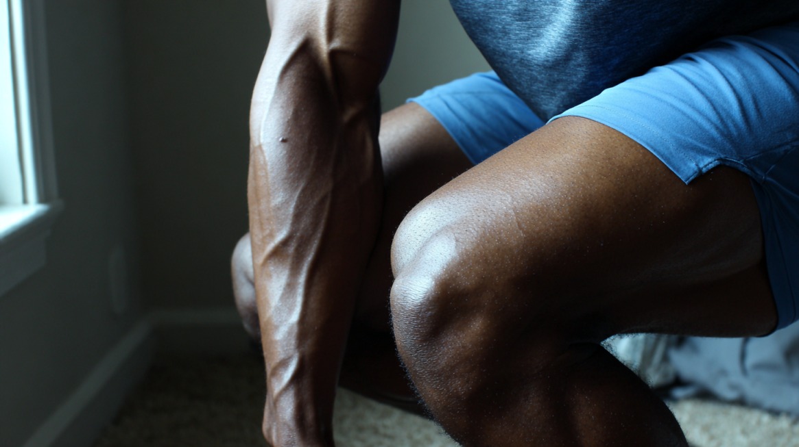 Close-up of a muscular arm and leg showing defined veins and strong quadriceps in blue shorts