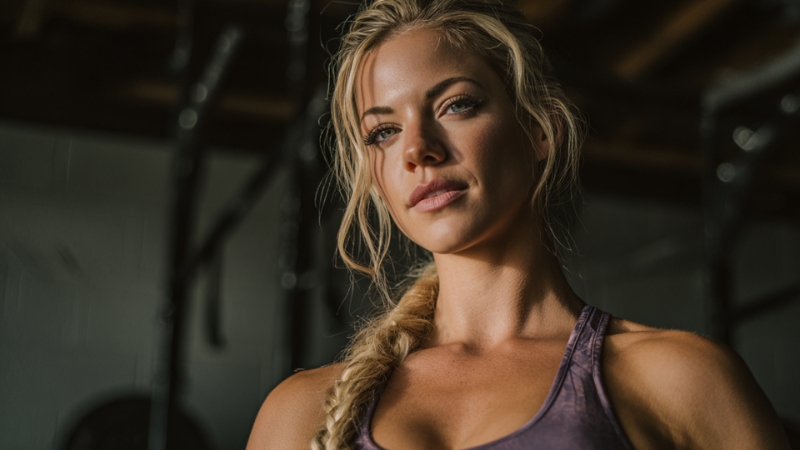 A focused woman in athletic wear looks confidently at the camera inside a gym setting