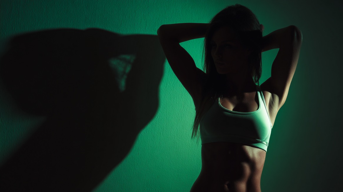 A fit woman in a sports bra striking a strong pose against a green-lit background, emphasizing toned abs and an athletic silhouette