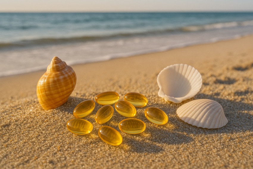 Omega-3 capsules on sand with seashells and ocean in the background