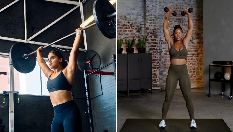 Two women demonstrate strength training exercises