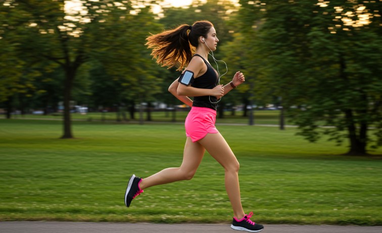 A woman enjoys a brisk run through a park