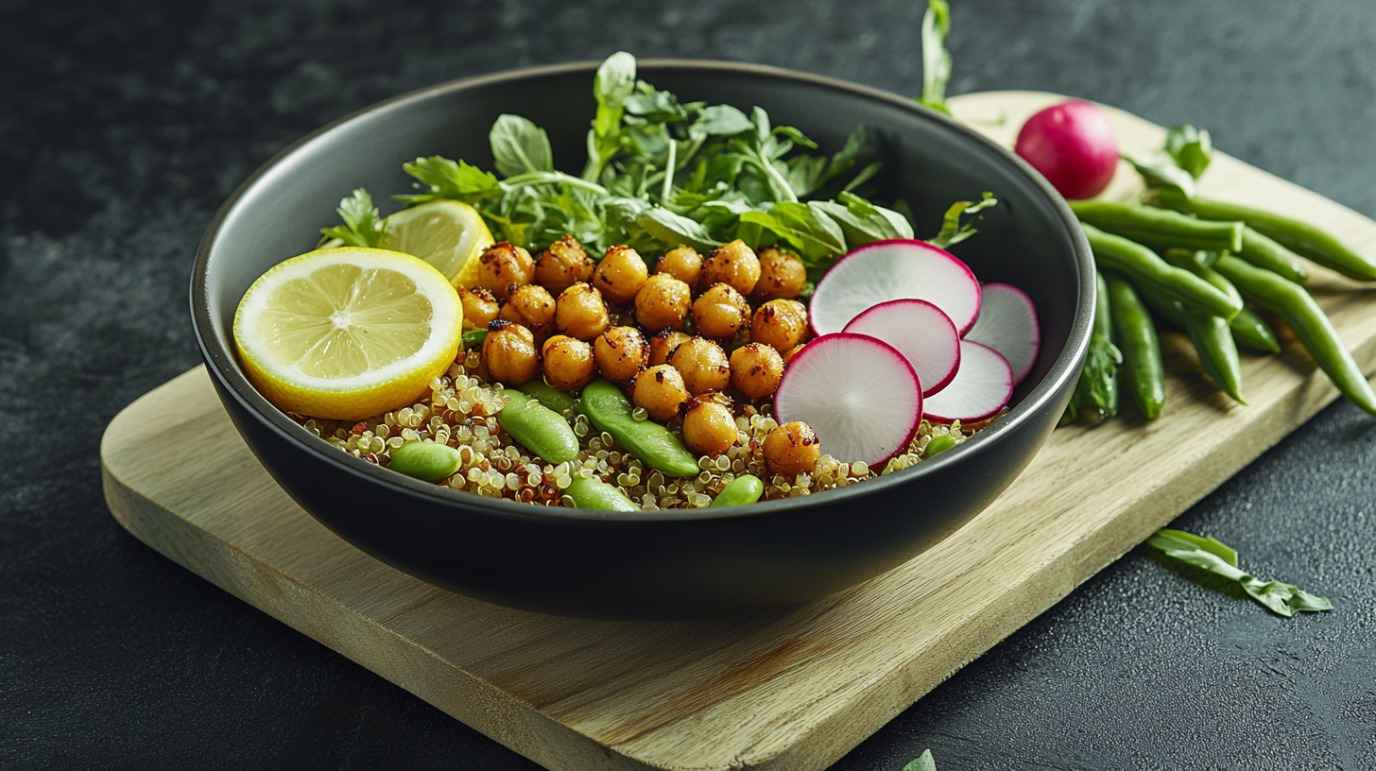 A colorful quinoa bowl with chickpeas, radish, lemon, and greens showcases one of the best plant-based protein swaps for fitness meals