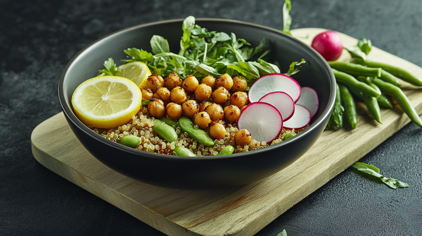 A colorful quinoa bowl with chickpeas, radish, lemon, and greens showcases one of the best plant-based protein swaps for fitness meals
