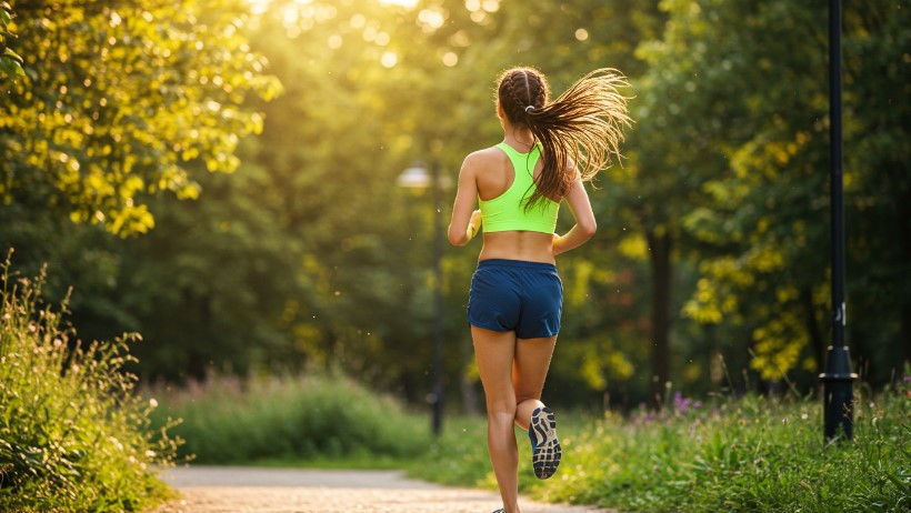 A woman enjoys a brisk run through a sun-drenched park