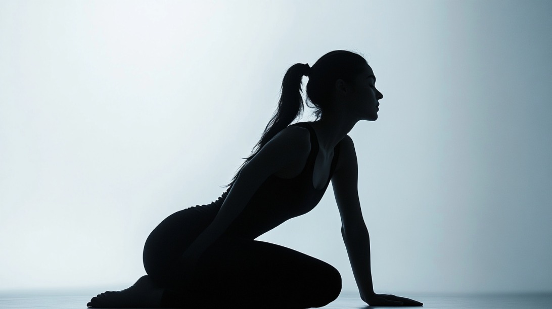 Silhouette of a woman in a seated yoga stretch, captured in a calm, minimalist setting