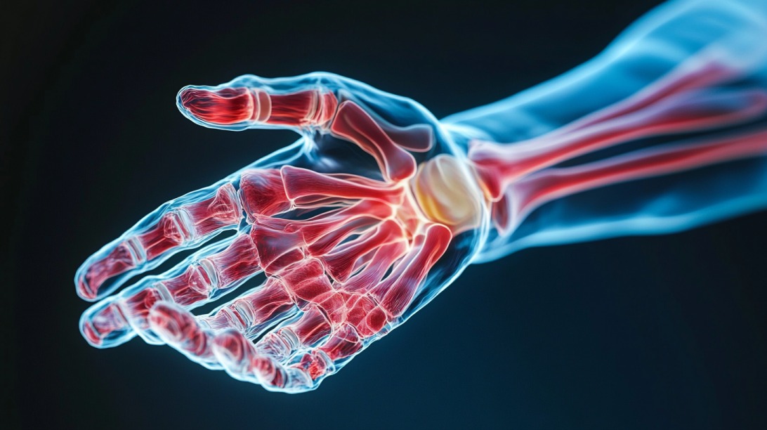 3D illustration of a human hand with highlighted blood vessels and bones showing circulation