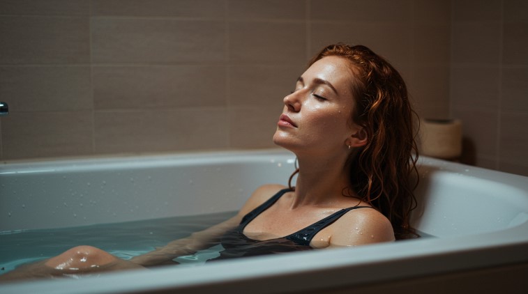 Woman relaxes in a cold bath, eyes closed, enjoying the soothing water