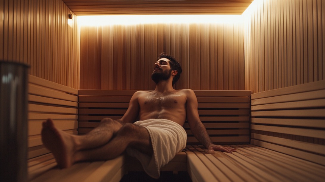 Man relaxing on a bench in a wooden sauna, wrapped in a towel