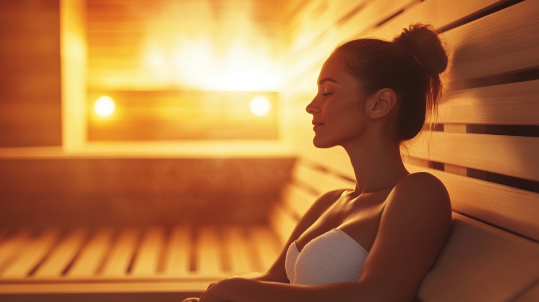 Woman relaxing in a warmly lit sauna, wrapped in a white towel