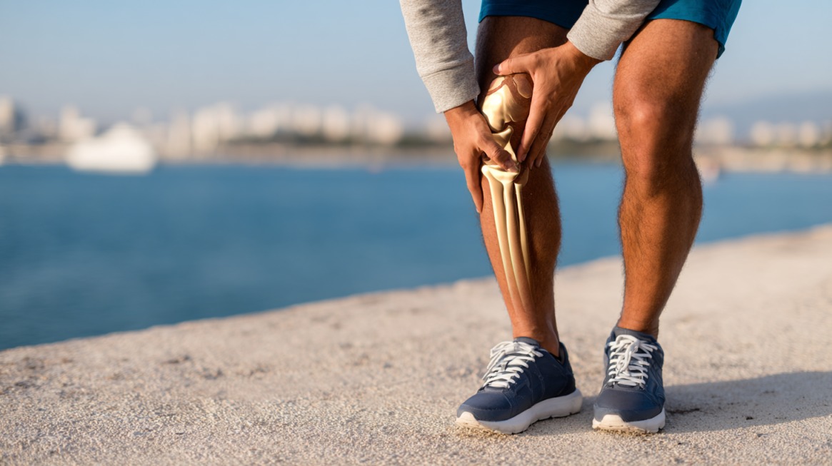 Man holding his knee outdoors with a digital overlay of leg bones, illustrating joint pain or injury