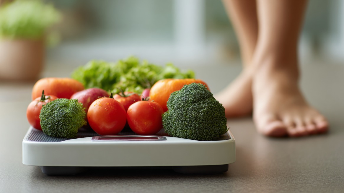 A person standing near a scale topped with fresh fruits and vegetables, symbolizing the link between nutrition, weight management, and joint health