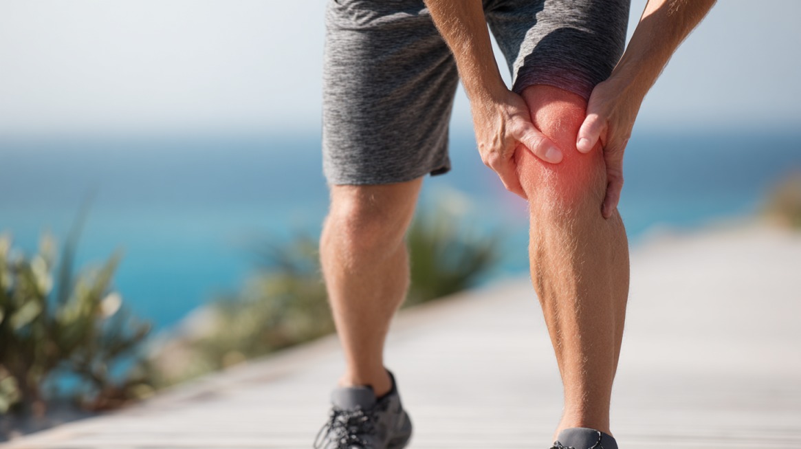 A man in athletic wear clutching his knee in pain while walking near the ocean, with redness highlighting the joint area