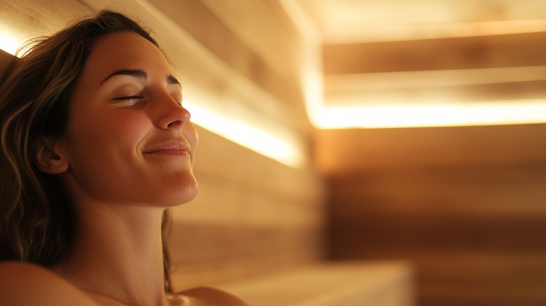 Woman relaxing with closed eyes in a warm, softly lit sauna
