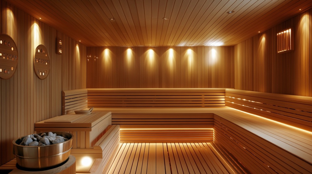 Modern dry sauna with wooden benches and ambient lighting
