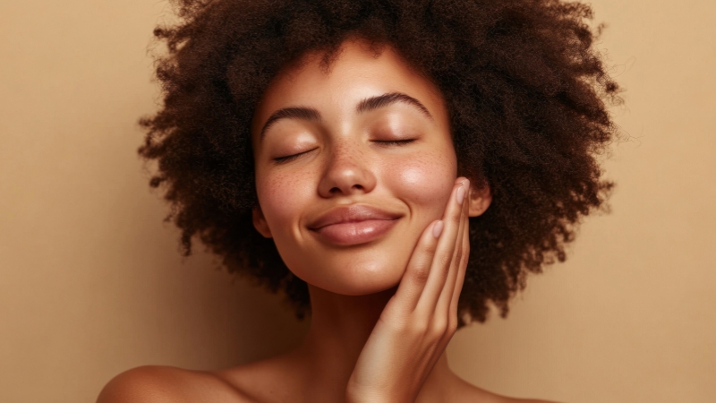 A woman with clear skin gently touches her face, showing the results of a good pre-workout skincare routine