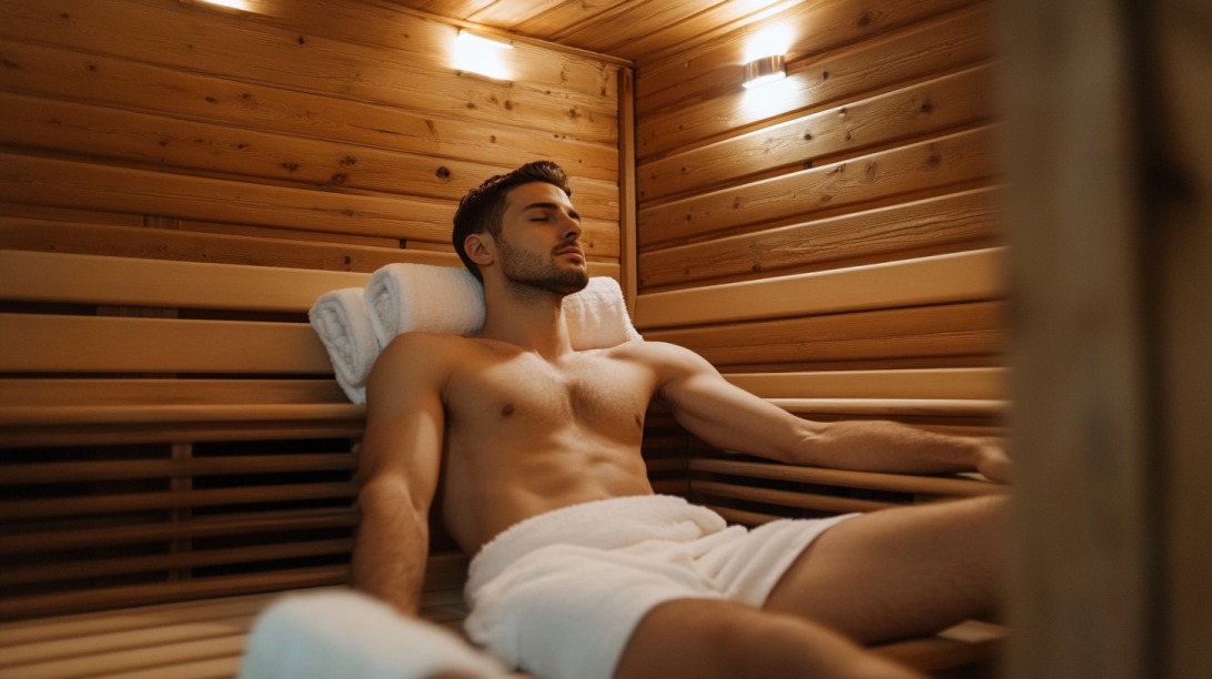 Man relaxing alone in a sauna, wearing a towel and leaning against a headrest