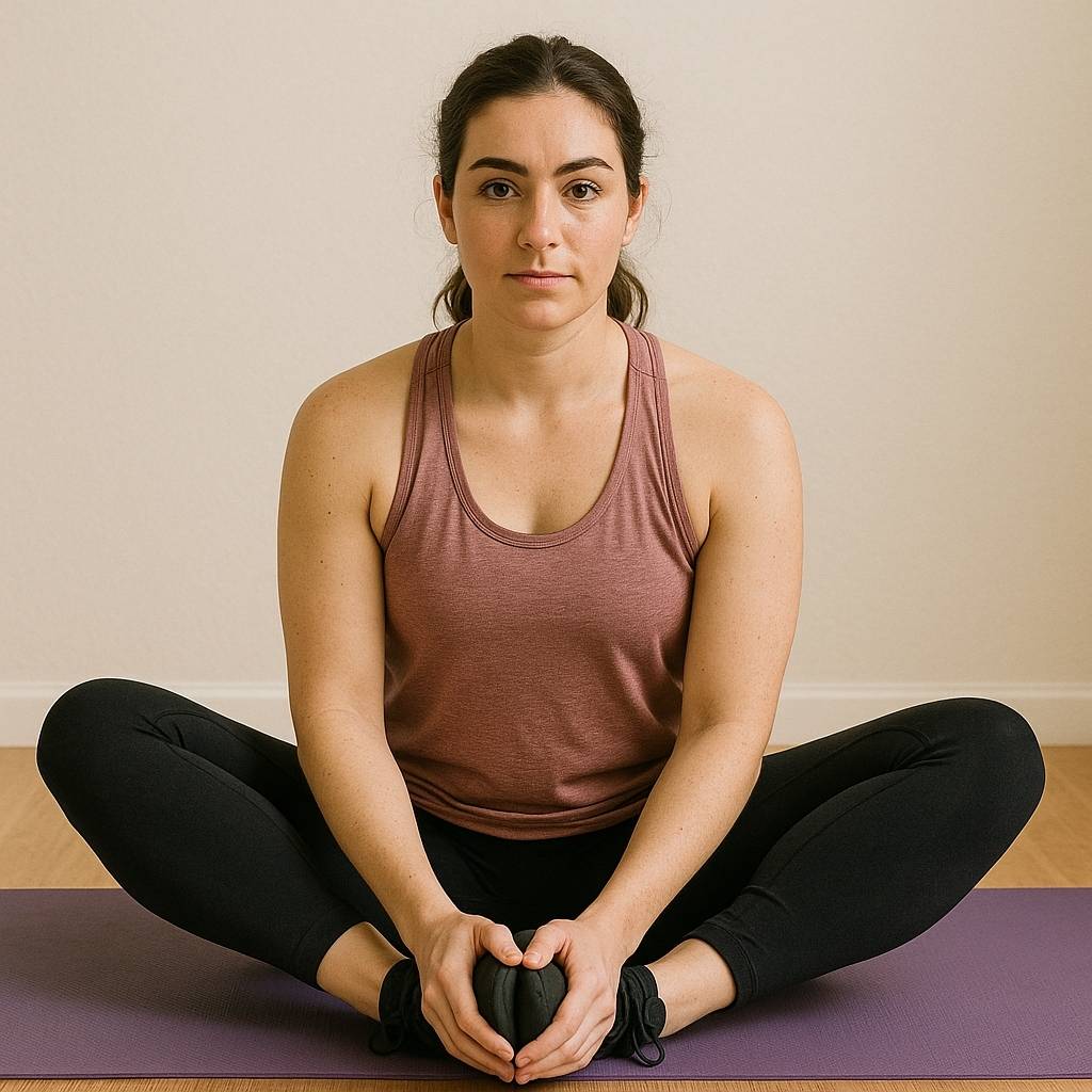 Woman seated with soles of feet together, doing a butterfly stretch