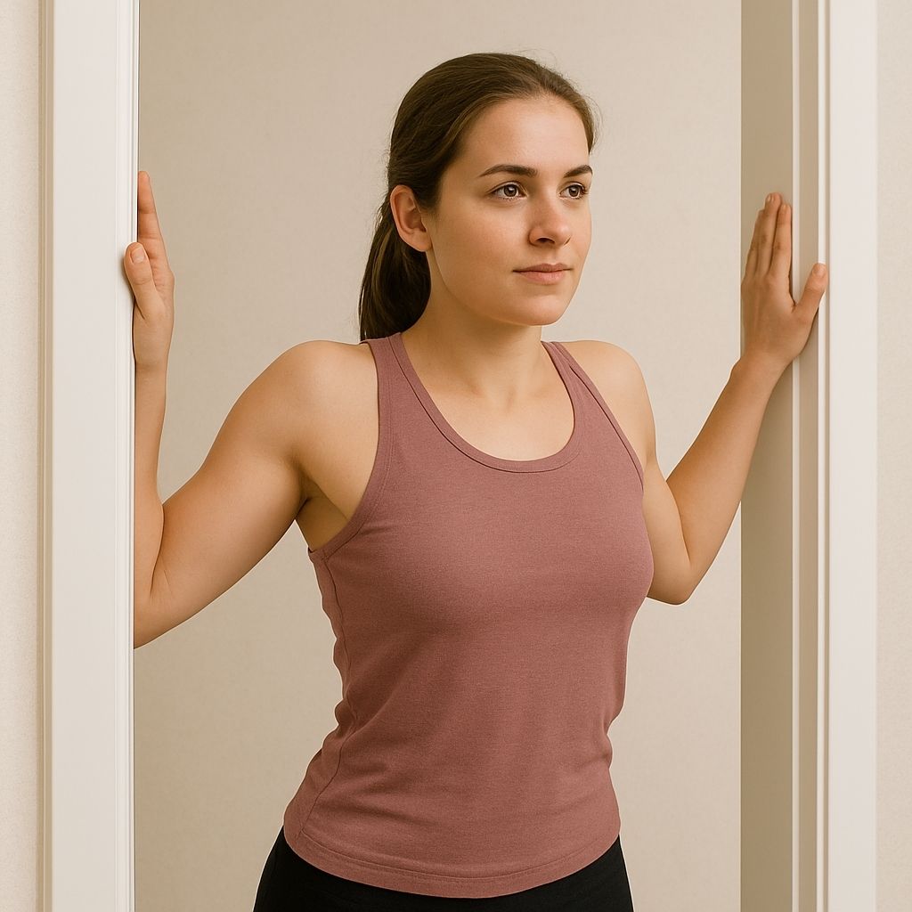 Woman performing a doorway chest stretch with forearms on the frame