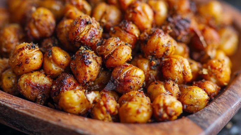 Crunchy roasted chickpeas coated in spices and served in a wooden bowl
