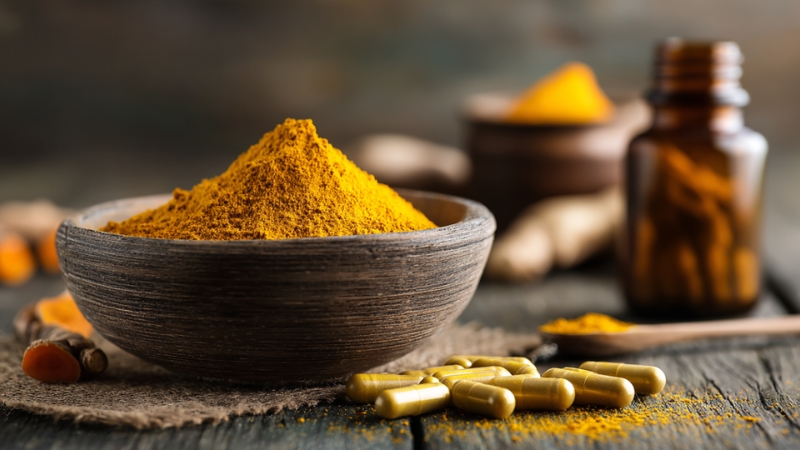 A bowl of turmeric powder sits beside curcumin capsules and a glass bottle on a rustic wooden table