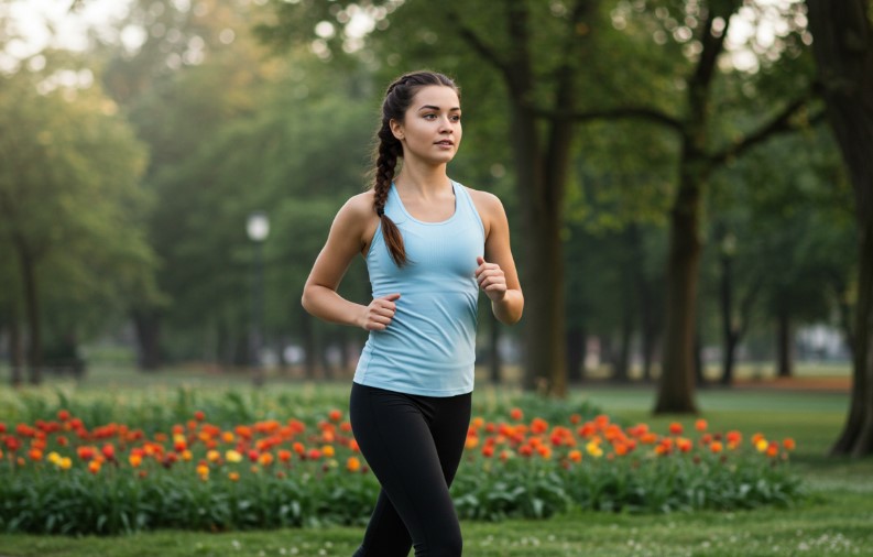 A woman enjoys a brisk morning run through a park