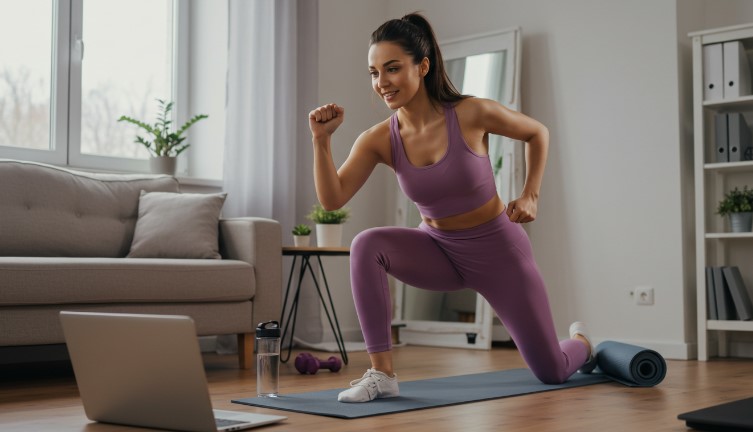 A woman in a vibrant purple workout set, focused on a home fitness routine