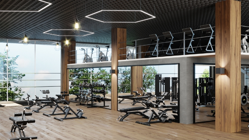 A spacious gym uses modern lighting and natural light to create an energizing and welcoming workout environment