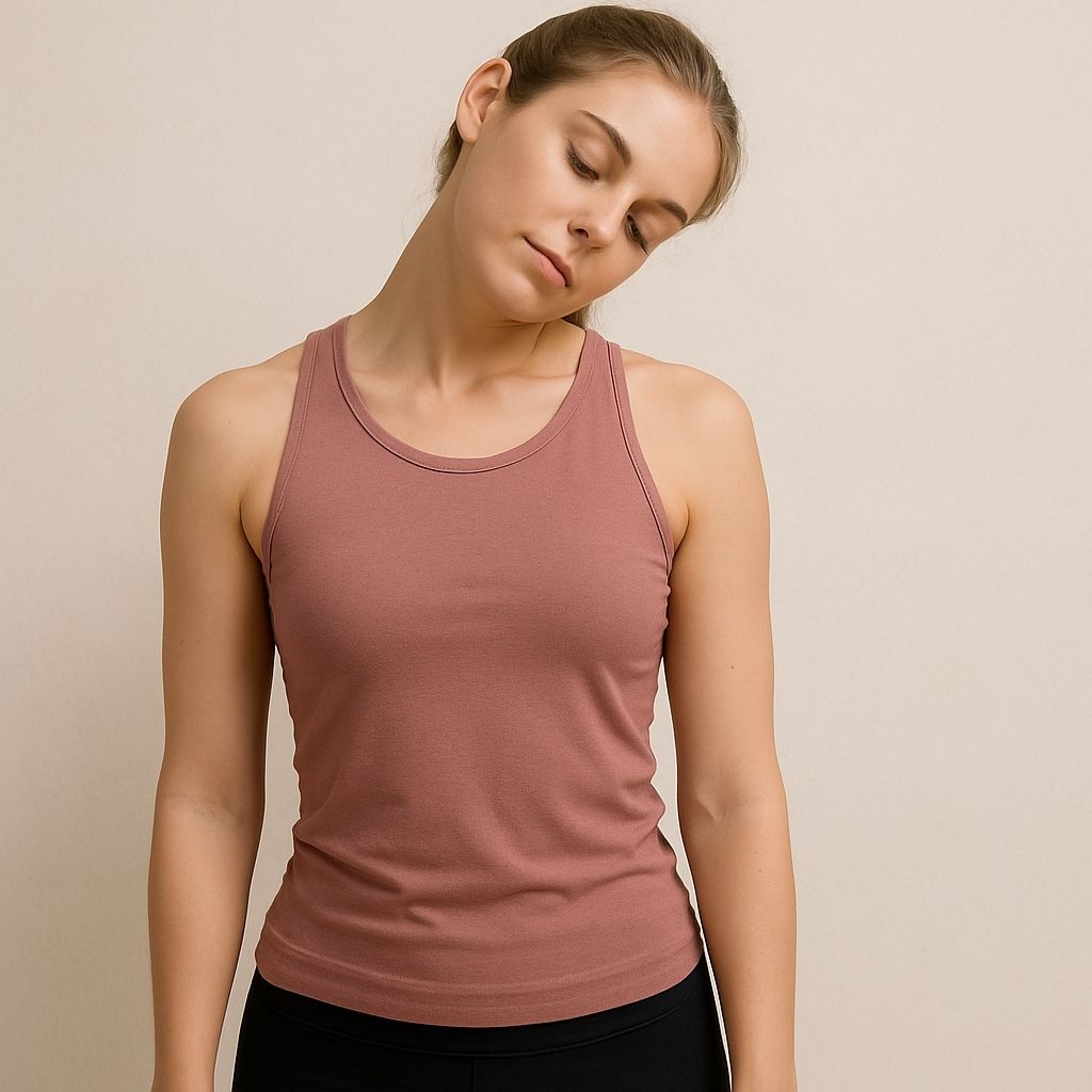 Woman doing a gentle neck roll stretch indoors