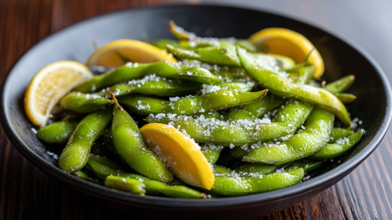 Steamed edamame sprinkled with sea salt and served with lemon wedges