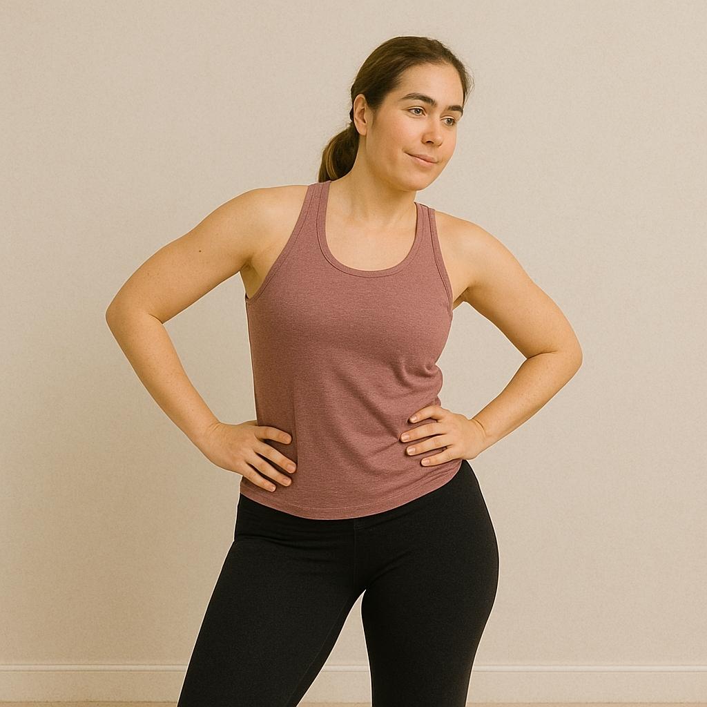 Woman rotating her hips while standing, hands on hips