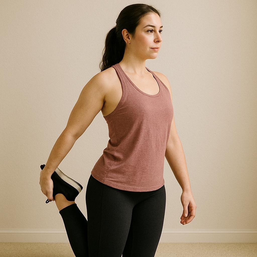 Woman balancing while pulling her foot toward her glute in a quad stretch
