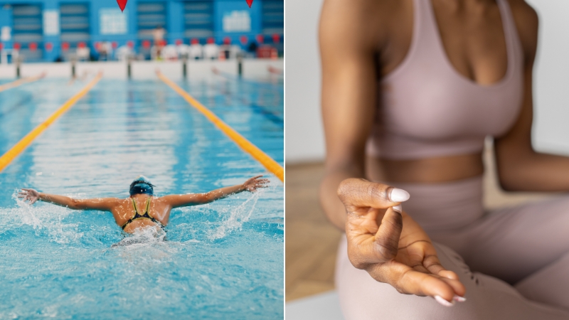 A swimmer and a yoga practitioner show two ways to improve flexibility and core strength through movement and balance