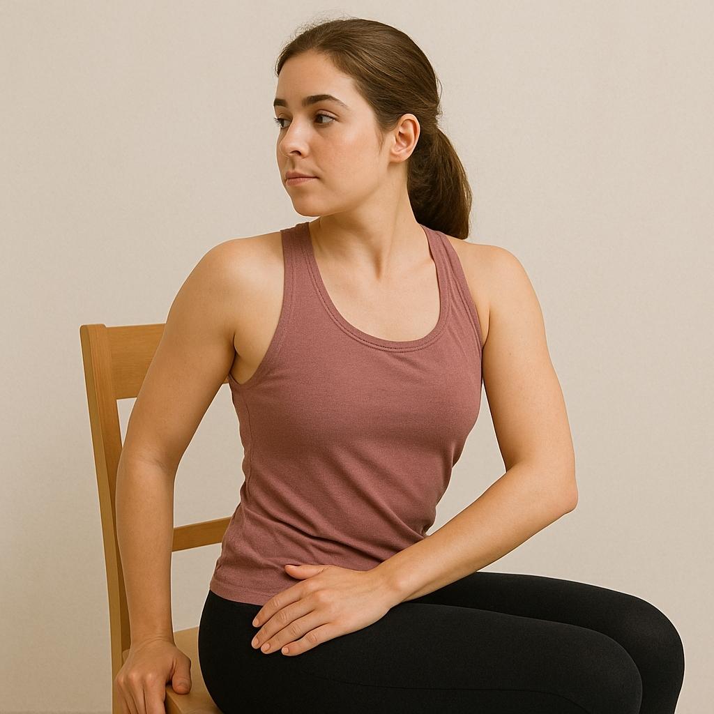 Woman sitting on a chair doing a gentle upper body twist