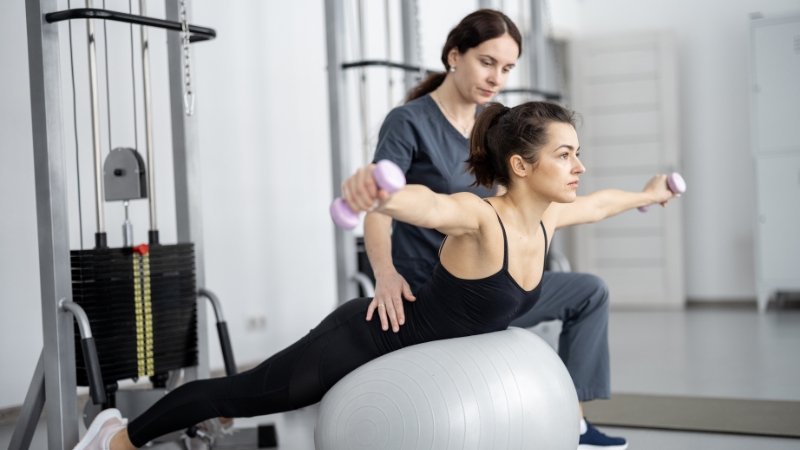 A certified fitness coach guides a woman through a stability ball workout using light dumbbells in a gym setting