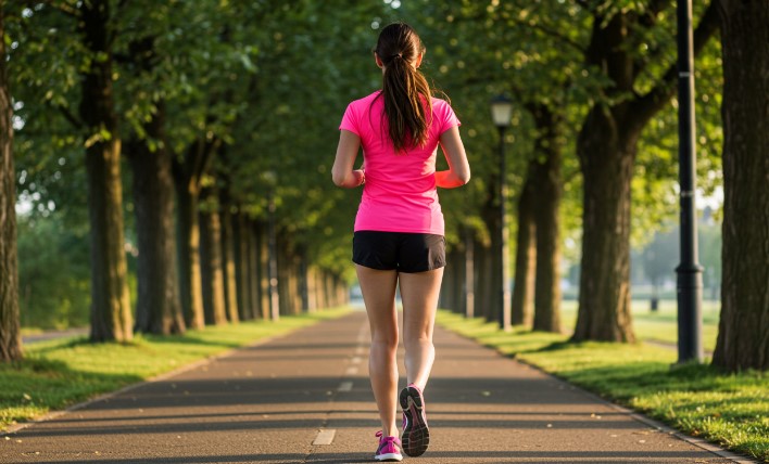 A woman enjoys a brisk walk through a tree-lined path