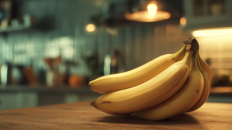A bunch of ripe bananas rests on a wooden kitchen counter under warm lighting