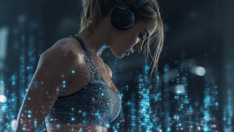 Woman training with headphones surrounded by digital effects symbolizing AI technology and its role in replacing personal trainers