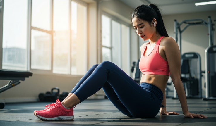 A woman rests in a gym, taking a break after a workout