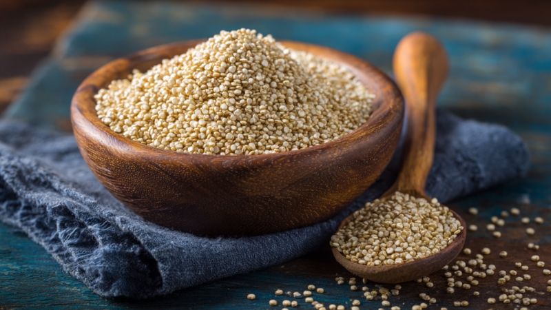 A wooden bowl and spoon filled with uncooked quinoa sit on a dark rustic table