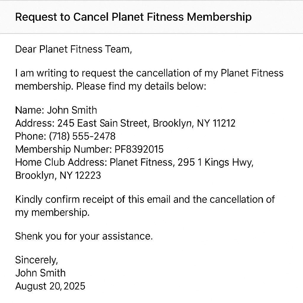 Example of a Request to Cancel Planet Fitness Membership.