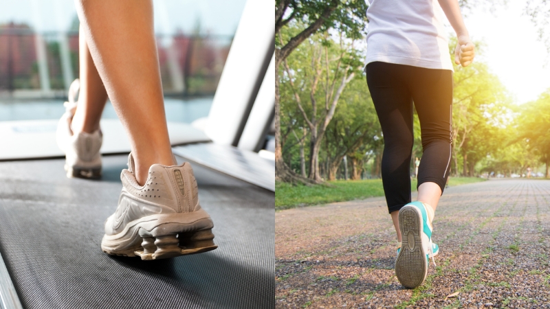 Treadmill vs running outside comparison showing close-up of shoes on a treadmill and on a park path