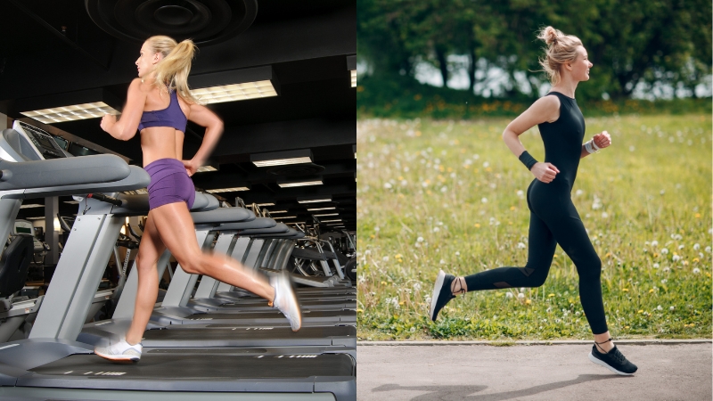 Side-by-side view of a woman running on a treadmill indoors and another running outside in nature