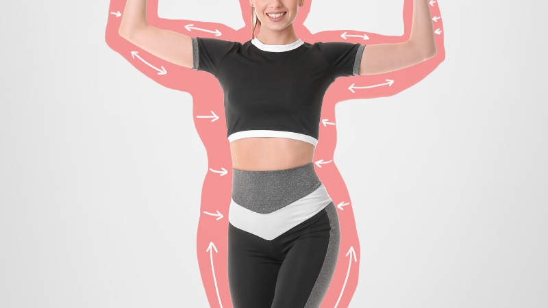 Smiling woman raises her arms with graphic arrows highlighting common body focus areas