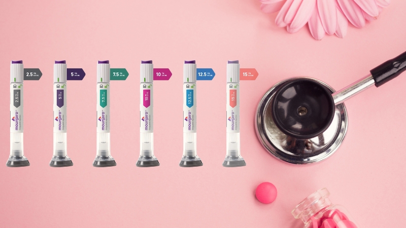 Different tirzepatide pen doses are lined up beside a stethoscope on a pink background