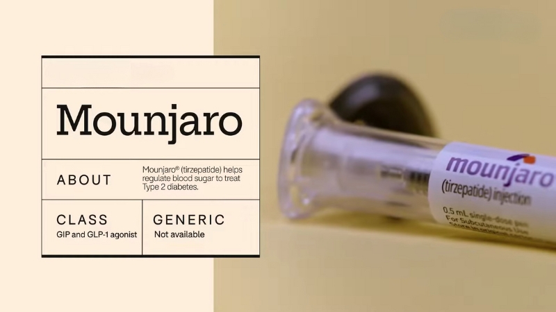 A close-up of a Mounjaro tirzepatide pen lies on a surface beside an info box about the medication