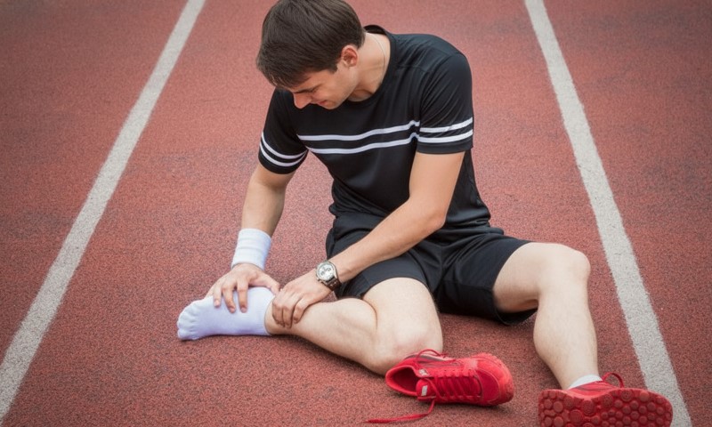 A man in athletic wear sits on a track, holding his injured ankle in pain