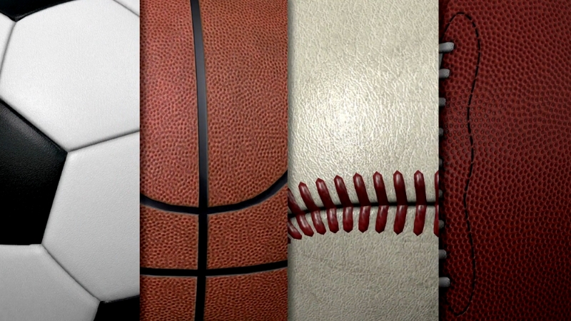 Close-up view of soccer, basketball, baseball, and American football balls side by side