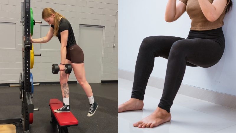 Woman perform weighted step-ups on bench followed by wall sit for quad fatigue