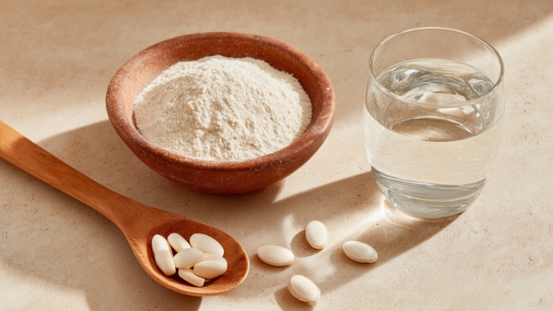 Collagen supplements in powder and pill form placed next to a glass of water